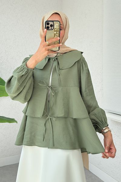 Salih Çelebi Balloon Sleeve Baby Collar Tunic 2370 - Khaki