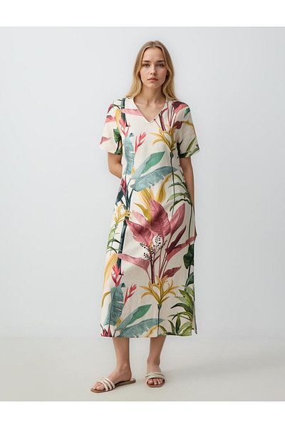 Jimmy Key Ecru V-Neck Short Sleeve Linen Blend Patterned Midi Dress