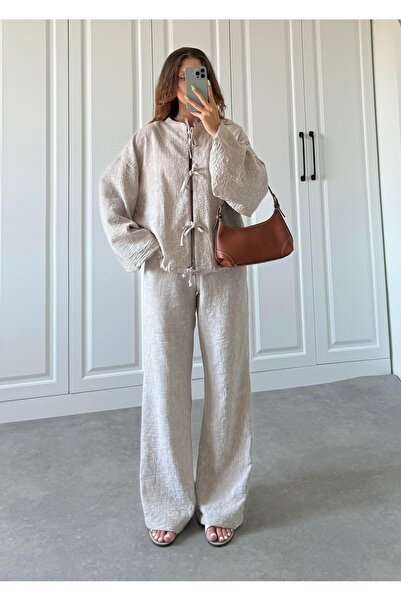 manana fashion MUSZLIN LEN SZÖVET KÖTÖTT ING NADRÁG KÉT RÉSZES ÉVADAPOS SZETT