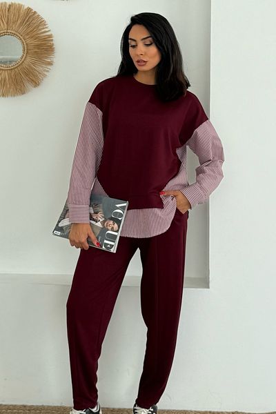 Ded COLLECTION Women's Blue White Striped Modern Design Long Sleeve Shirt Detailed Sweatshirt Modal Suit