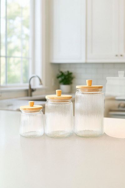 Sezka Life 3 Size Bamboo Lid Vacuum Striped Glass Jar Spice Set (500-750-1000 ml)