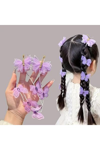 Efna Store Glittery Tulle Butterfly Figured Pearl Hanging 2-Piece Children's Clamp Buckle