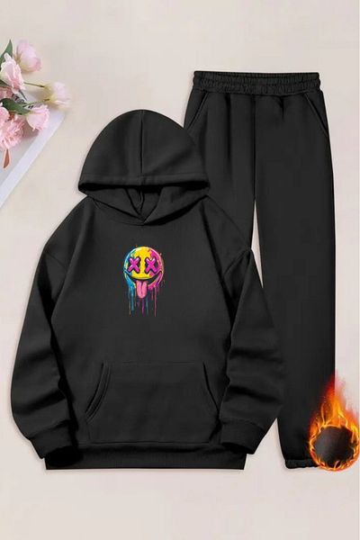 VBSVİBES Unisex Black Colored Emoji Printed Tracksuit Hoodie - Winter Embossed Fabric