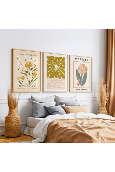 İkona Design Studio Matisse Çiçekler Ahşap Çerçeveli 3'lü Poster Tablo Seti |...