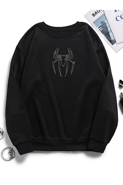 Bozz&Bozz Collection Unisex Oversize Crew Neck Crystal Stone Printed Basic Hoodie Sweatshirt