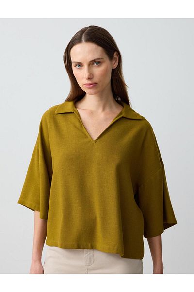 Jimmy Key Khaki V-Neck Three Quarter Sleeve Linen Blend Blouse