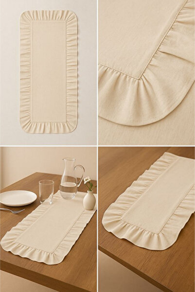 h homerest Fırfırlı Ekru Runner, 30x120cm Fırfırlı Keten Runner, Dekoratif Orta Sehpa Örtüsü 30x120 cm