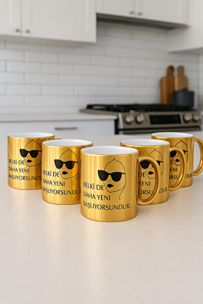 çokaş Pack of 5 Gold Color Coffee Mug Cups with Text Printed