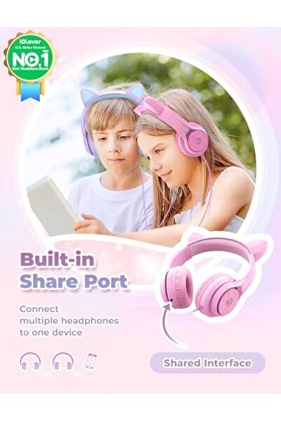 iClever Kids Headphones with Cat Ear LED Light Up, Safe Volume Limit Kids Wired Headphones with FunS