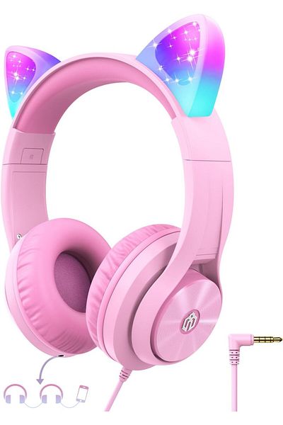 iClever Kids Headphones with Cat Ear LED Light Up, Safe Volume Limit Kids Wired Headphones with FunS