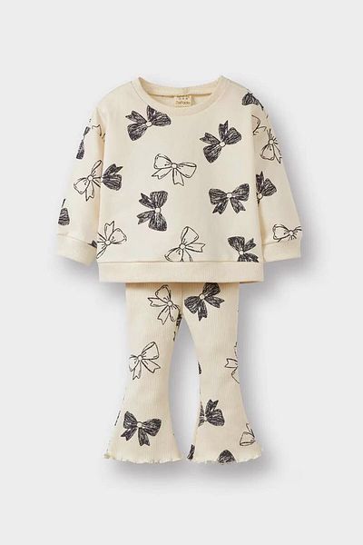 DeFacto Bow Pattern Sweatshirt Spanish Leggings Ecru Baby Girl Bottom-Top Set F0508A5/Er99