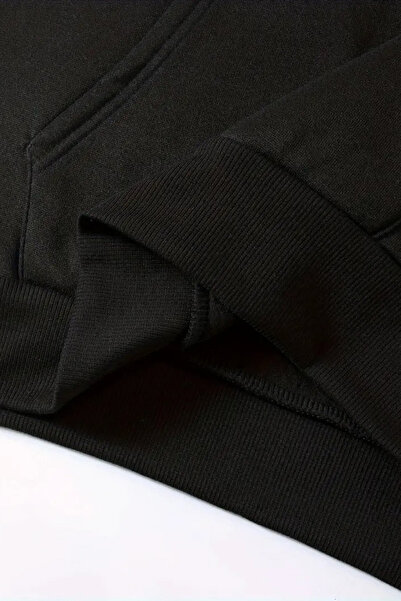 CLAYES Unisex Siyah RUN Baskılı Eşofman Kapüşon- Kışlık Şardonlu Kumaş