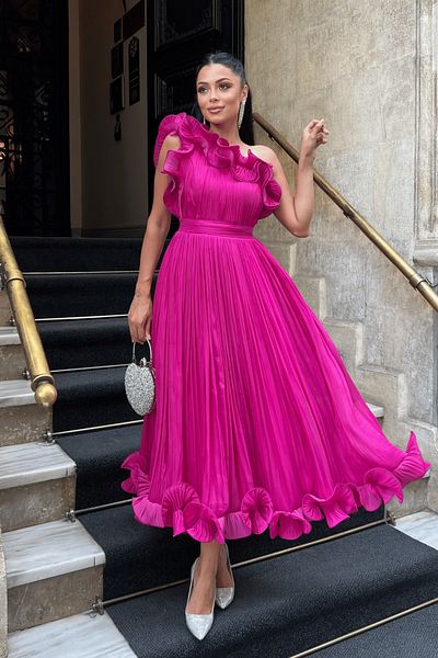 giyimmasalı Chiffon Fabric One Sleeve Evening Dress - Fuchia