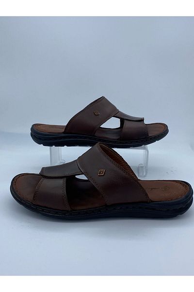 BURAK ALDAY SHOES Men's Genuine Leather Massage Sole Brown Slippers