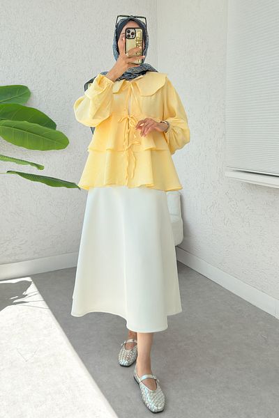 Salih Çelebi Balloon Sleeve Baby Collar Tunic 2370 - Sari