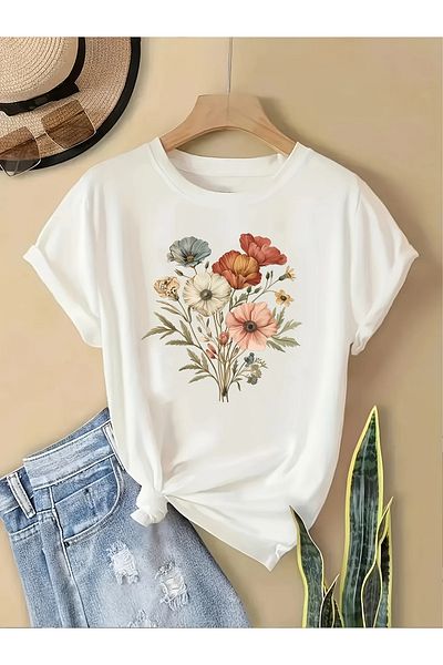 Pink Sky Unisex Cotton White Oversize "Colorful Flower Bouquet" Printed Crew Neck Casual T-Shirt