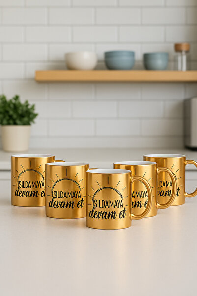 çokaş Pack of 5 Gold Color Coffee Mug Cups with Text Printed