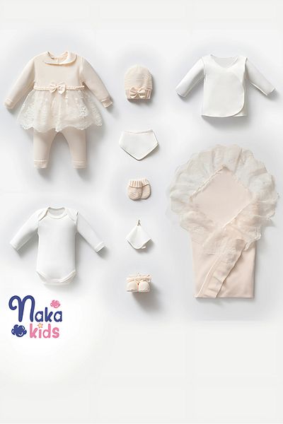 Naka Concept 100% Cotton Knitwear Lace 10-Piece Baby Hospital Discharge Set – Baby Girl, Natural and Breathable Fabric