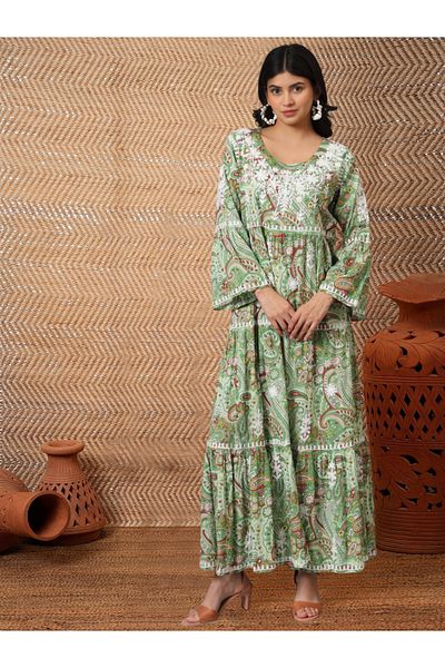 alaya Hand Embroidered Chikankari A-Line Gathering Pattern Mulmul Cotton Jalabiya-AL3673