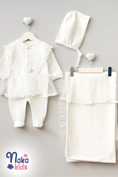 Naka Concept Newborn Baby Girl Lace Tulle 3-Piece Hospital Discharge Set – 100% Cotton