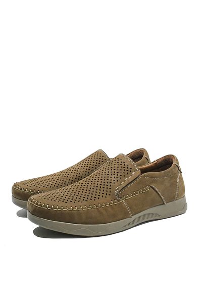 GORETTI Men's Moccasins Goretti, Light Brown Suede, with Decorative Perforations and Stitching