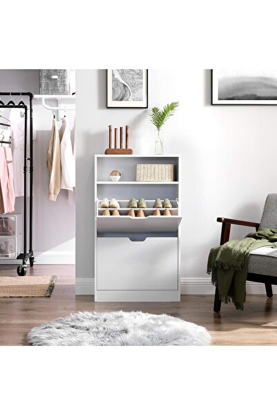 VASAGLE Shoe cabinet with 3 folding doors, for 8-12 pairs, 60x24x102 cm, white