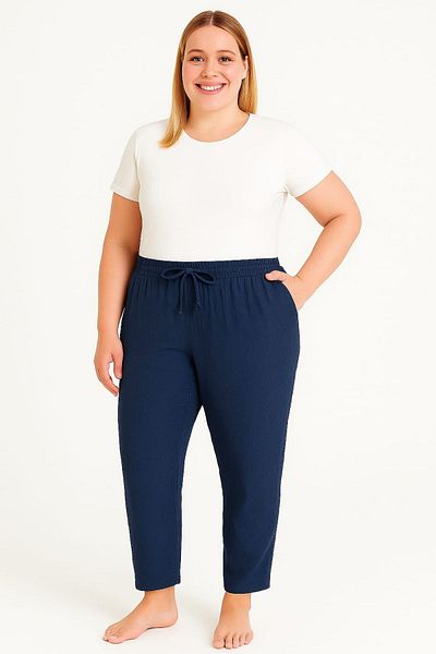 enmodaiçgiyim Navy Blue Large Size 100% Cotton Muslin Fabric Women's Trousers – Narrow Leg, Pockets, Comfortable Fit