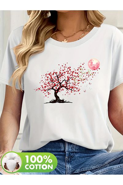Pink Sky Unisex Cotton White Oversize "Red Flower Tree and Moon" Printed Crew Neck Comfortable T-Shirt