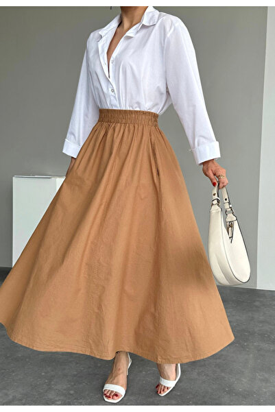 FEMMESTUDIO Women's Camel Waist Elastic Poplin Skirt