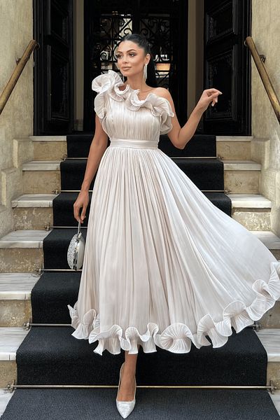 giyimmasalı Chiffon Fabric One Sleeve Evening Dress - Beige
