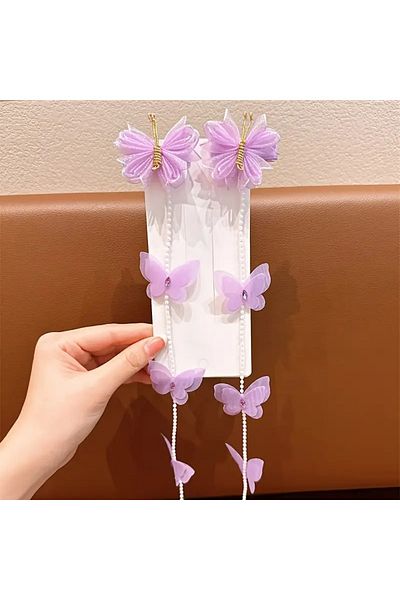Efna Store Glittery Tulle Butterfly Figured Pearl Hanging 2-Piece Children's Clamp Buckle