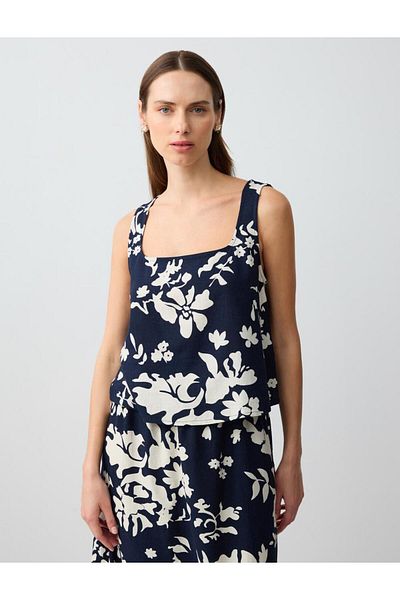 Jimmy Key Black Square Neck Sleeveless Linen Blend Patterned Blouse