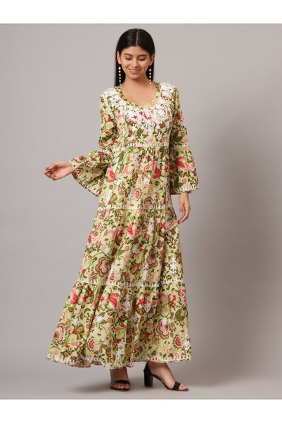 alaya Hand Embroidered Chikankari A-Line Gathering Pattern Mulmul Cotton Jalabiya-AL3673