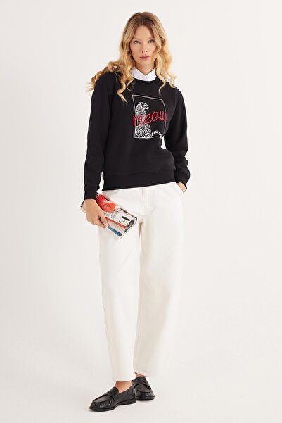 Tudors Kadın Regular Fit Klasik Kesim %100 Pamuk Baskılı Bisiklet Yaka Siyah Sweatshirt