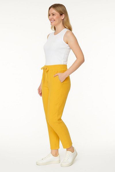 enmodaiçgiyim Yellow 100% Cotton Muslin Fabric Women's Trousers – Narrow Leg, Pockets, Comfortable Fit Casual Trousers