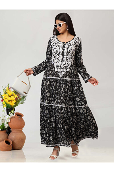 alaya Hand Embroidered Lucknowi Chikankari Printed Mulmul Cotton Jalabiya-AL3698
