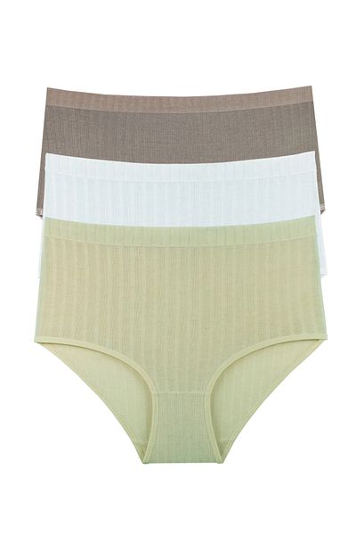 Sensu Copy - Women's Ribbed Soft Colors 3-Piece High Waist Panties Set - Kts4054