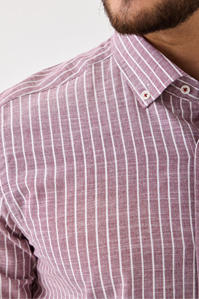 Yardalı Uzun Kol %100 Pamuk Slim Fit Çizgili Erkek Gömlek - Düğmeli, Keten Görünümlü, Serin Tutan Kumaş