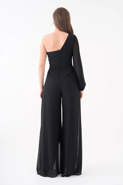 bayansepeti Women's Lined Black Chiffon Fabric Single Sleeve Design Belt Detailed Stylish Evening Dress Jumpsuit 1336