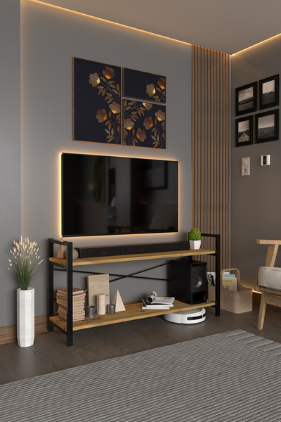 AWOX Exen TV Ünitesi Dekoratif 2 Raflı Metal Ayaklı TV Sehpası