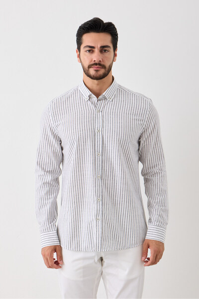 Yardalı Long Sleeve 100% Cotton Slim Fit Striped Men's Shirt - Button-Down, Linen Look, Cool Fabric