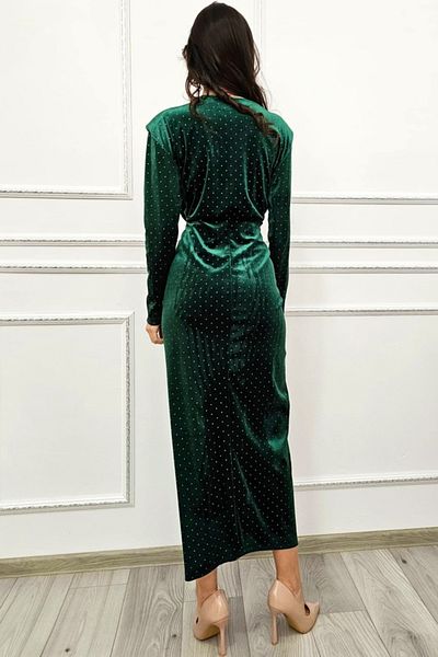 FashionForYou Vanessa long elegant dress, with sequins and deep neckline, Green, Size S/M