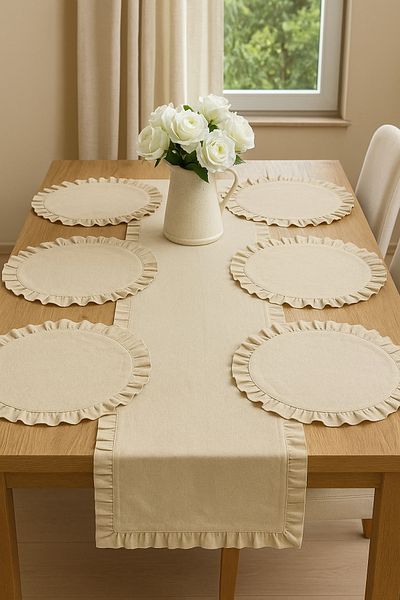 White Alamode Ruffle Runner and American Service Set 7 Piece Set