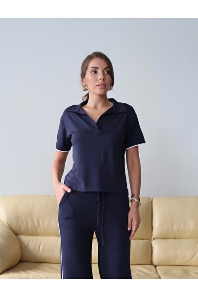 Paw Garage Women's Maribel Cotton Modal Fabric Polo Collar Blouse-Pants Two-Piece Bottom-Top Set, 4 Seasons Casual Set