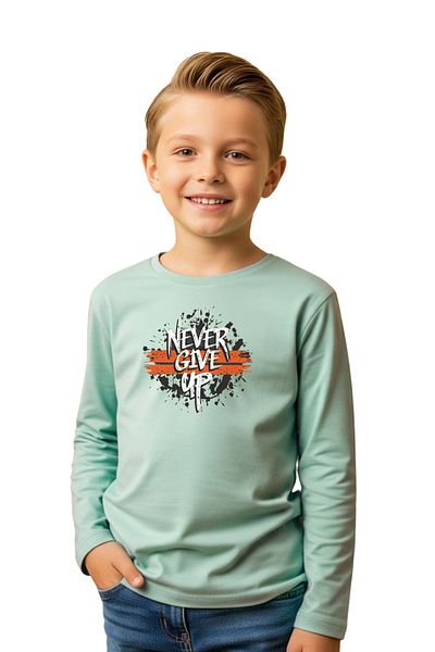 panios kids Plain Round Neck Nevver Give Printed Detail Boy's Sweatshirt