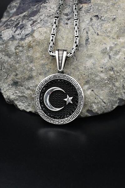 Prestige Grek Desenli Ay Yıldızlı - Ay Yıldız - 925 Ayar Gümüş Kolye Kral Zin...