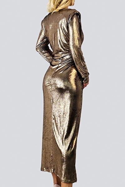 FashionForYou Φόρεμα Julietta για περίσταση, με πιέτες και άνοιγμα στο μπατζάκι, μεταλλικό μπρονζέ