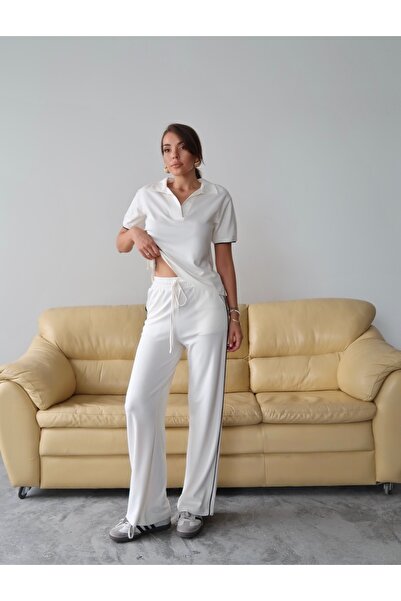 Paw Garage Women's Maribel Cotton Modal Fabric Polo Collar Blouse-Pants Two-Piece Bottom-Top Set, 4 Seasons Casual Set