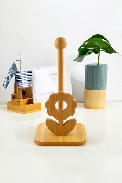 Sezka Life Bamboo Flower Motif Roll Napkin Holder Table and Countertop Organizer Napkin Holder