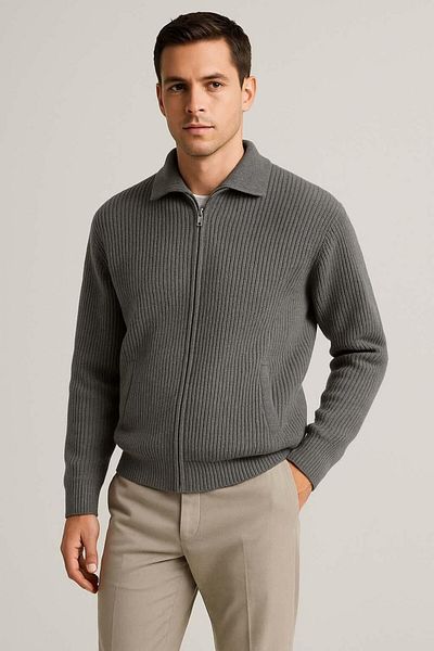 Valiberta Copolla Thessaloniki Knitted Polo Collar Pocket Zippered Comfortable Fit Men's Knitwear Cardigan - Smoked